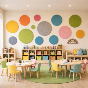 Anaokulu sınıfında anaokulu akustik keçe duvar paneli uygulaması