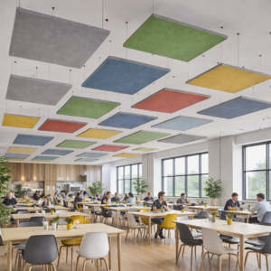 Yemekhanede yankıyı azaltan akustik keçe tavan paneli uygulaması