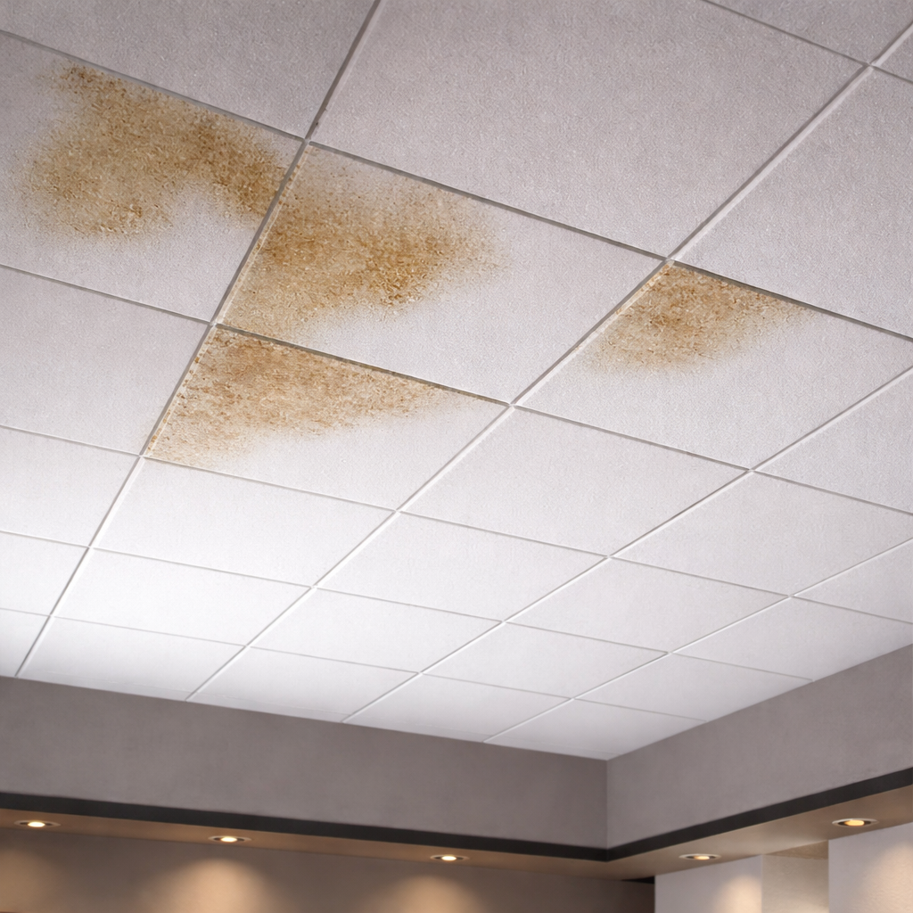 Su almış asma tavan panelinde lekelenme ve deformasyon